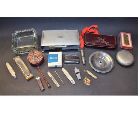 Gentlemen's Accessories - a chrome cigarette case, a set of Unicron darts in a Bakelite case; a whistle The Metropolitan; Sen