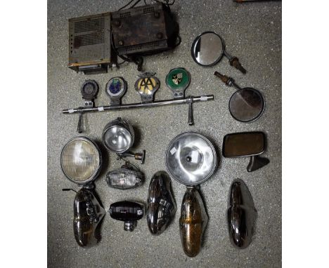Motor Car Interest - vintage chrome car lamps including Lucas, chrome bumper parts, radios, motoring badges, including AA, Ma