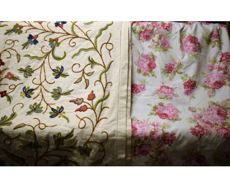 Textiles - large hand embroidered crewel work panel; Laura Ashley floral bed cover; floral curtains