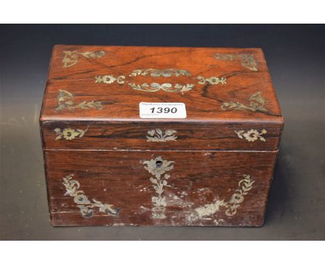 A Victorian rosewood and mother-of-pearl marquetry rounded rectangular tea caddy, hinged cover enclosing two covered division