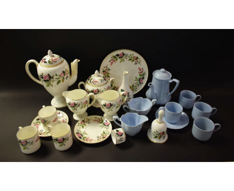 A Johnson Brothers Blue Cloud coffee service, coffee pot, sugar, cream jug, cups and saucers; a Wedgwood Hathaway Rose coffee