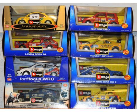 Die-Cast Vehicles - Burago - 1:24 and 1:25 scale model rally and racing cars inc Mercedes Benz 190E, Peugeot 205 safari, Fiat