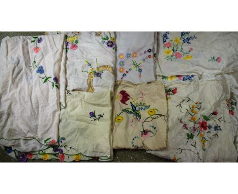 Textiles - hand embroidered floral linen tablecloths, including Crinoline Ladies, English Country Garden Flowers