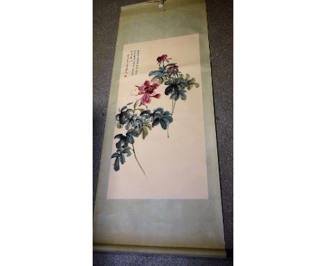 Chinese SchoolFlowers and Versered seal stamps, watercolour, 132cm x 66cm, laid on scroll, hardwood mount