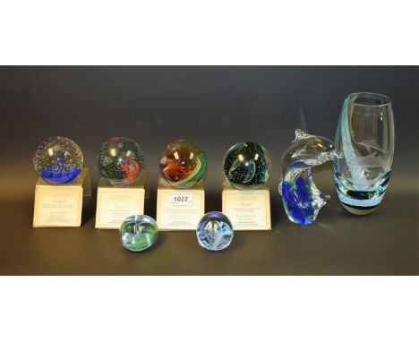 A Caithness paperweight, Feathers, others, Escapade, Steelblue, Starlight, Moon Crystal, Pebble; a Dolphin vase; etc (8)
