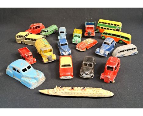 QUANTITY OF VINTAGE DIE CAST VEHICLESincluding Dinky Cunard-White Star Queen Mary, Dinky Auto Union Silver Arrow, Gas pumps, 