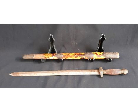 19th CENTURY CHINESE JIAN SWORDwith fluted wooden hilt and tortoiseshell scabbard (damaged) with brass mounts, blade 49cm lon