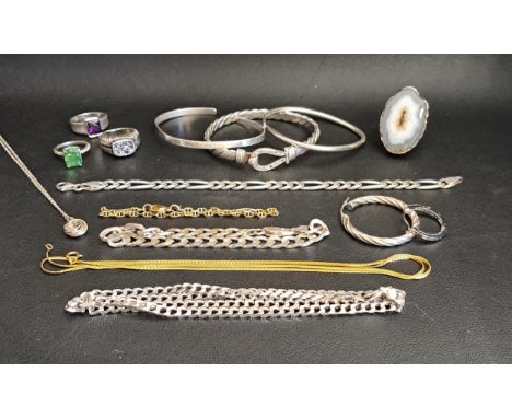 SELECTION OF SILVER JEWELLERYincluding three bangles, a curb link neck chain and two curb link bracelets, a large agate set r