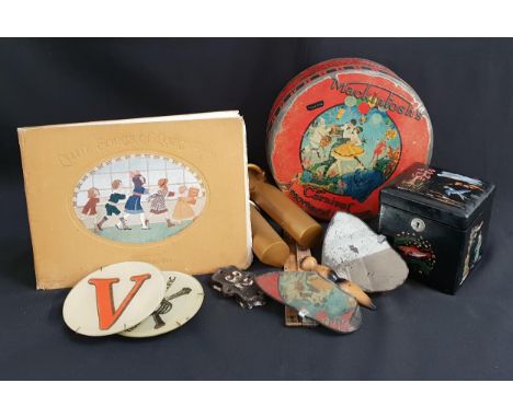 SELECTION OF VINTAGE ITEMSincluding painted lacquer effect tea caddy with oriental hand painted pictures, Mackintosh's 'Carni