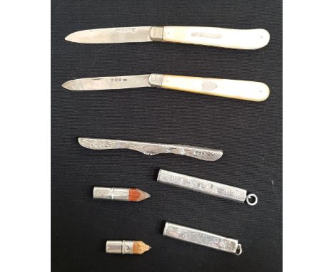 TWO SILVER BLADED MOTHER OF PEARL FRUIT KNIVESall with Sheffield hallmarks 1880 & 1903; silver pencil holder, Chester 1919; s