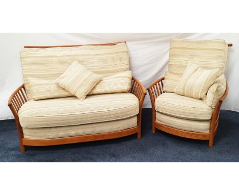 ERCOL RENAISSANCE ELM TWO SEAT SOFA AND MATCHING ARMCHAIRwith textured cream striped upholstery and cushions, the sofa approx