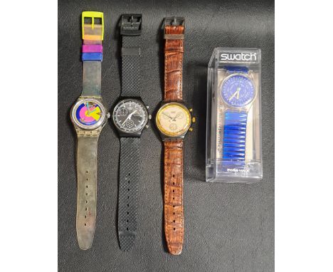 FOUR SWATCH WATCHEScomprising a Gents Flex 'Drop' in box, 'Happy Wheels' with clear strap, 'Goldfinger' Chronograph with brow
