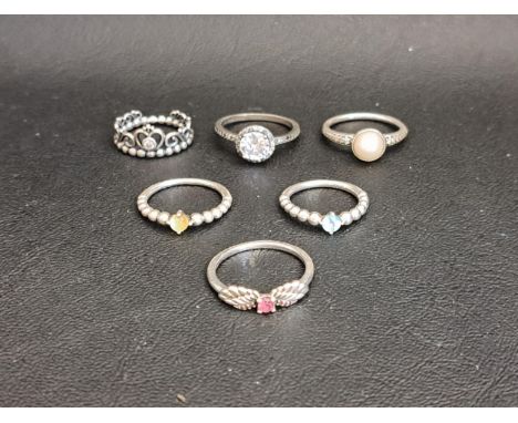 SIX PANDORA SILVER RINGScomprising Princess Tiara, Sparkling Angel Wings, November Birthstone beaded ring, March birthstone b