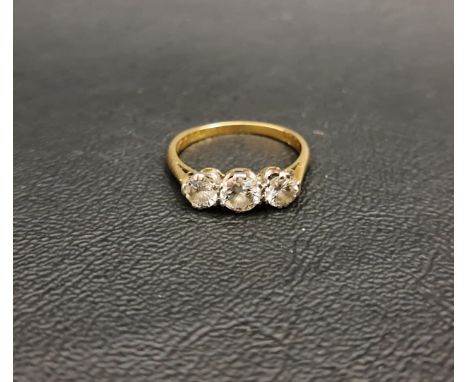 DIAMOND THREE STONE RINGthe central round brilliant cut diamond approximately 0.45cts flanked by diamonds of approximately 0.