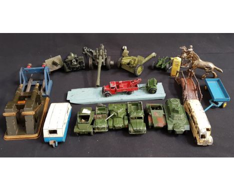 ASSORTMENT OF TOYS INCLUDING VINTAGE DIE CAST VEHICLES including Dinky Caravan, Dinky Austin Champ, Hornby 0 gauge spring loa