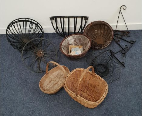 VARIOUS GARDEN BASKETS including vintage trug, metal work trug, wicker basket, five metal hanging baskets, two wicker hanging