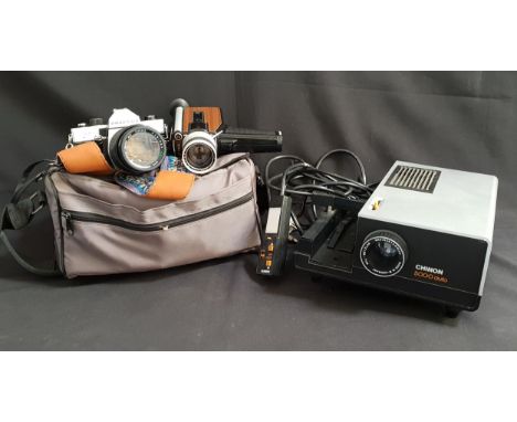 PRAKTICA MTL 5 CAMERA WITH HANIMEX LENS,Gaf 65 super eight movie camera in video camera bag, and a Chinnon 5000 auto projecto