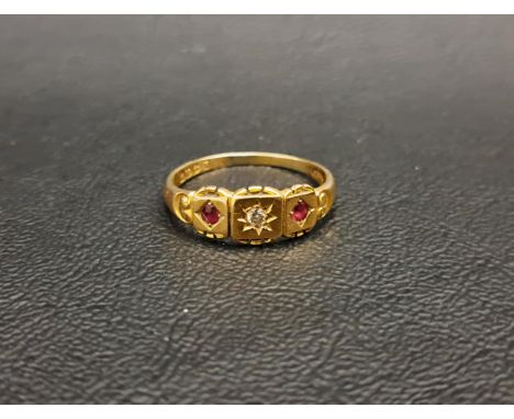 VICTORIAN RUBY AND DIAMOND THREE STONE RINGthe central diamond in star setting approximately 0.04cts flanked by a ruby to eac