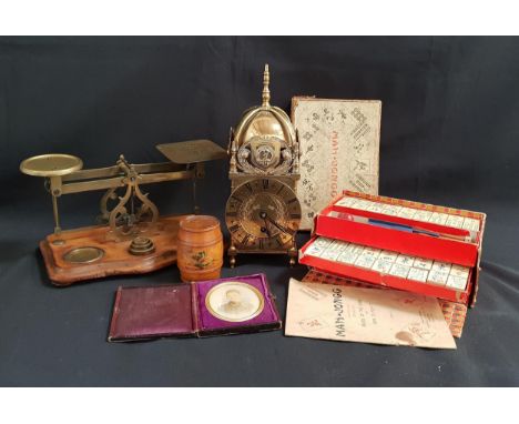 SELECTION OF COLLECTABLES including Buren brass lantern clock, Victorian 'Wood & Sons Glasgow' postal scales, framed miniatur