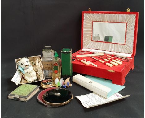 ASSORTMENT OF VINTAGE ITEMSincluding manicure set in fitted musical red velvet box, Stratton compact with black top with pear