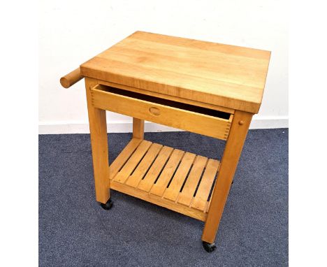 CONTEMPORARY OAK BUTCHERS BLOCK TROLLEYwith single drawer, shelf and rail, 78 x 84 x 56cm 
