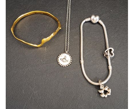 SELECTION OF FASHION JEWELLERYcomprising a Pandora heart clasp Moments silver charm bracelet with two charms, a Monica Vinade