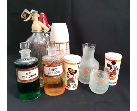PAIR OF APOTHECARY BOTTLES20cm high, vintage Schweppes soda syphon, 1960s chrome and red soda syphon, vintage Thermos flask, 