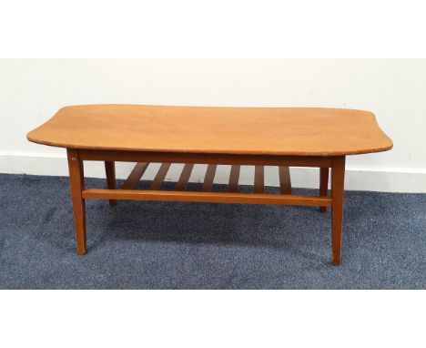 MID CENTURY SURFBOARD STYLE TEAK COFFEE TABLEwith teak magazine shelf, 105 x 39 x 40cm 