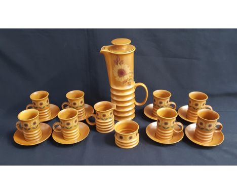 VINTAGE CARLTON WARE SUNFLOWER COFFEE SET with ribbed detail, consisting of coffee pot, number to base 2983, sugar basin, mil