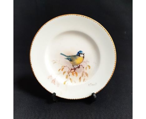 ROYAL WORCESTER PIN DISH BY WILLIAM POWELLdepicting a blue tit on branch with leaves, with gilt edge and signed W Powell and 