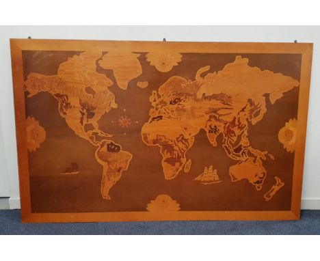 VERY LARGE VINTAGE MARQUETRY WORLD MAP also inlaid with four stylised trade winds to each side, sailing boat and compass poin