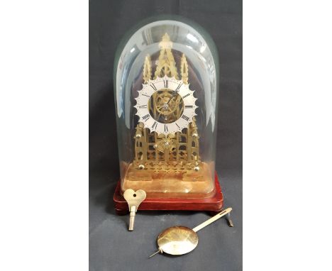 A 19th CENTURY  BRASS SKELETON CLOCK BY R DONALDSON WITH GLASS DOMEwith five spoke wheelwork and stamped R. Donaldson, 8, Hin