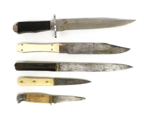 A 19th Century Hunting Knife, possibly American, the 22cm straight single edge steel blade with pairs of incised notches to t