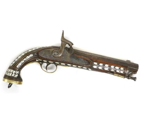A 19th Century East India Company Percussion Pistol, the 20cm octagonal steel barrel with blade fore sight, the lock plate ma