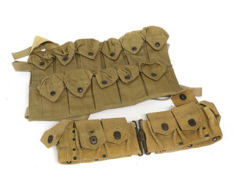 A First World War US Army Webbing Grenade Bandolier, to hold eleven grenades, the straps stencilled SELTZER BROS. 3-1918; a U