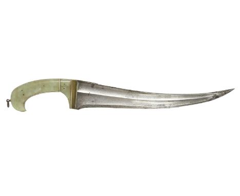 A Late 18th/Early 19th Century Indo Persian Pesh Kabz, the 30cm single edge curved steel blade with double fuller to each sid