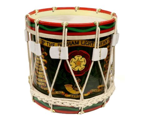 A Regimental Marching Snare Drum to the 1st Battalion the Durham Light Infantry, the gilt metal shell painted with regimental