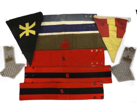 Six Various Military Armbands, comprising a First World War Army Council example in khaki wool applied with a scarlet felt Ki