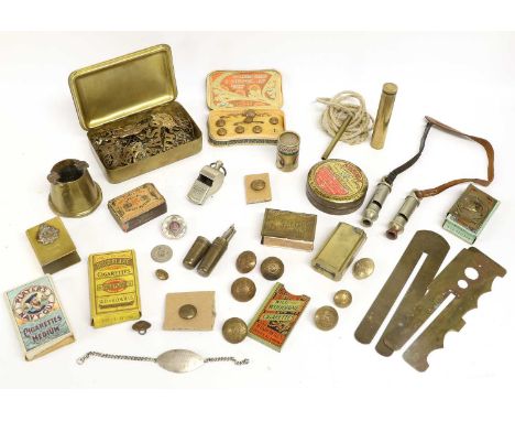 A Quantity of Militaria, including a Princess Mary 1914 Christmas tin - lacking contents, two brass button plates, two Hudson