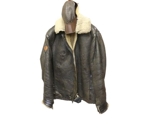 A Second World War US 8th Air Force Sheepskin Jacket, the front zip fastening with Lightning pull, the seams and cuffs later 