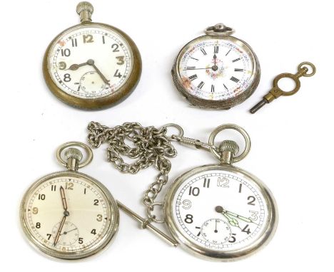 Three British Military Pocket Watches, each with arabic numerals and luminous hands, top wind, in a plated case, the screw-ba