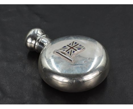 A small 20th century enamelled silver flask, of circular form, decorated with an enamelled Union flag, marked with lion passa