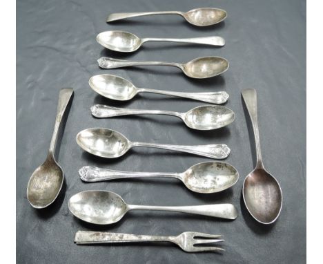 A group of miscellaneous silver coffee spoons and a single pickle fork, 124grams gross.