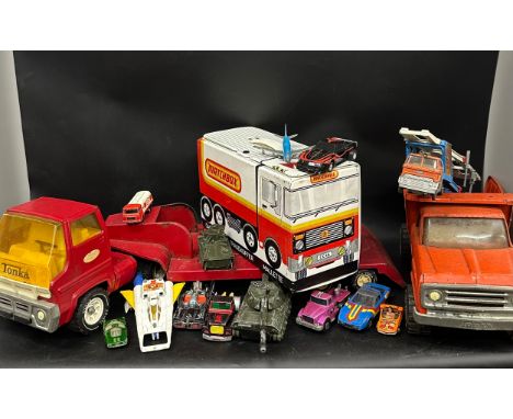 A collection of vintage playworn die-cast model vehicles including, Dinky Leopard Tank, Corgi Batmobile, Corgi Toys Carrera P