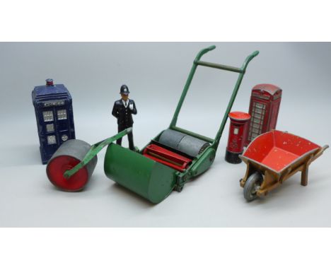 Dinky lead toys, including 751 Dinky Supertoys Lawn Mower, Garden Roller, Wheelbarrow, Telephone box, Pillar Box, Britains ca