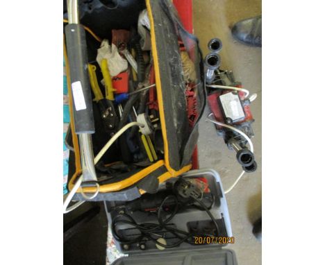 BAG OF VARIOUS TOOLS AND A GRUNDFOS PUMP 