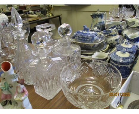 FOUR GLASS DECANTERS AND A FRUIT BOWL 