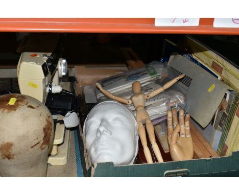 ONE BOX OF HABERDASHERY AND ARTISTS EQUIPMENT, to include a new and unused cardboard Mr. Jacksons 'Pantomime' theatre, a wood