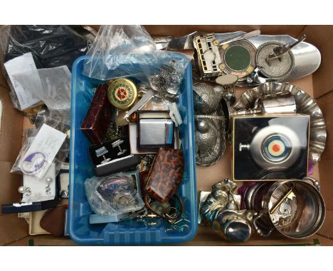 A BOX OF ASSORTED ITEMS, to include various lighters 'Ronson' etc, a Paddington bear shaped money box, goblet, tray, a commem