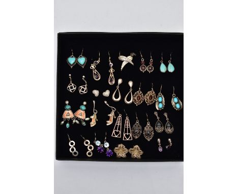 A BOX OF ASSORTED EARRINGS, all white metal earrings for pierced ears, of various designs, some set with gemstones such as ga